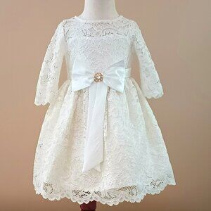 Rare Editions White Lace Formal Dress 2T Sparkle 3/4 Scallop Sleeves & Hem